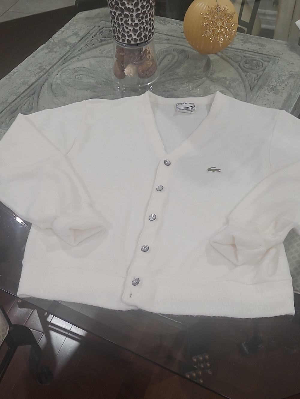 Vintage Izod Lacoste Ivory Cream Cardigan Sweater Mens L USA Exc Condition